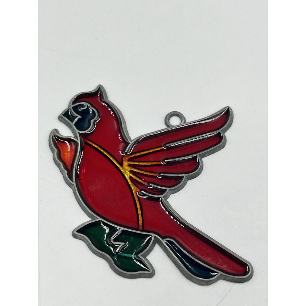 Vintage Stained Glass Bird Red Cardinal Hanging Suncatcher